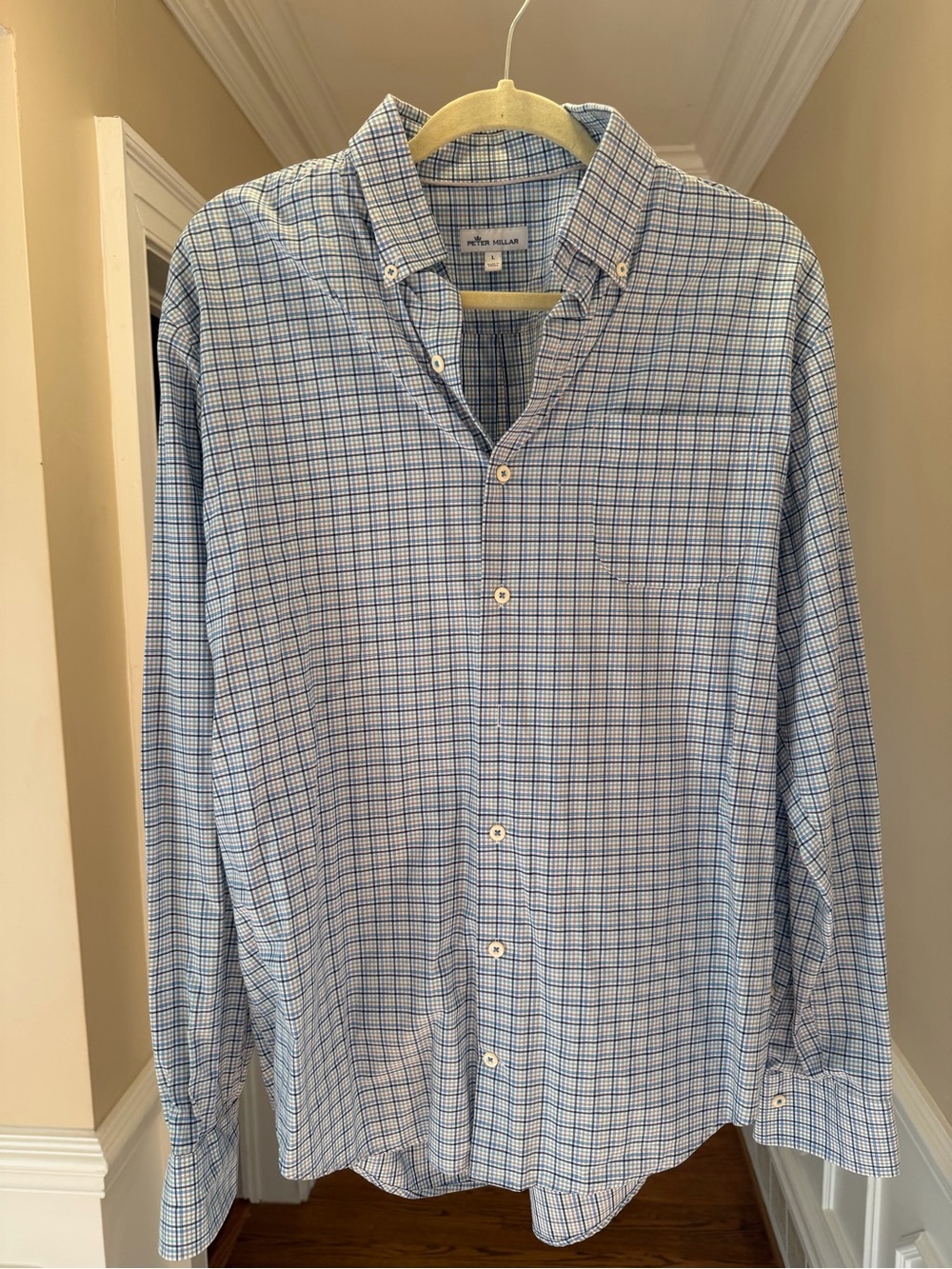 Peter Millar Blue and White Windowpane Button-Down Shirt large